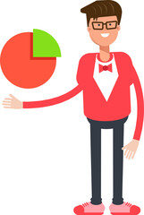 Man in Red Suit Character Holding Pie Chart
