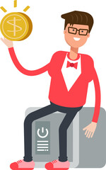 Man in Red Suit Character Sitting on Safe and Holding Dollar Coin
