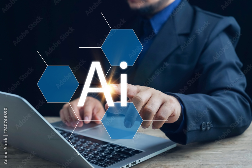 Poster ai technology, businessman show virtual graphic global internet connect chat with ai, artificial int