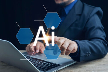 Ai technology, businessman show virtual graphic Global Internet connect Chat with AI, Artificial...