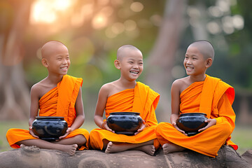 Three little Buddhist monks in rural area