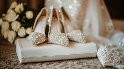 Fototapeta na wymiar the bride with shiny pebbles stand next to a white clutch