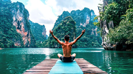 A person meditates in a serene pose on a floating dock surrounded by the towering limestone cliffs...