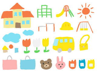 子どもがクレヨンで描いたような保育園・幼稚園・こども園の手書き風イラストセット（ベクター版）