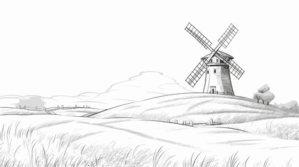 Abstract white windmill on a hill. simple Vector art - obrazy, fototapety, plakaty