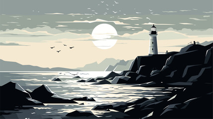 Abstract white lighthouse on a rocky shore. simple Vector art © J.V.G. Ransika