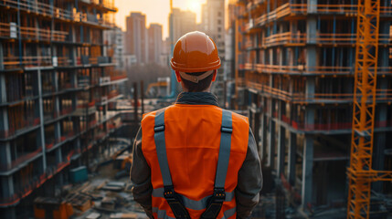 A civil engineer stands looking at the construction site