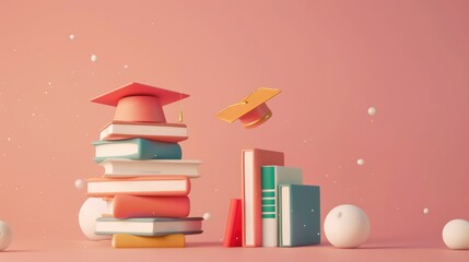 A 3D banner displaying a stack of books transforming into a graduation cap, symbolizing the journey from learning to graduation