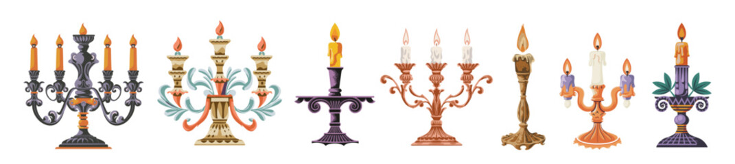 Set of different Retro candlesticks and candelabras with candles in Art Deco style. Vintage vector colorful cartoon illustrations isolated on white background. - obrazy, fototapety, plakaty