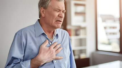 Caucasian elder man with chest pain. Heart attack patient.