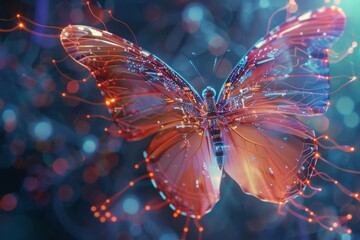 A butterfly emerging in cyberspace wings made of nano circuits embodying rebirth and transformation ethereal background