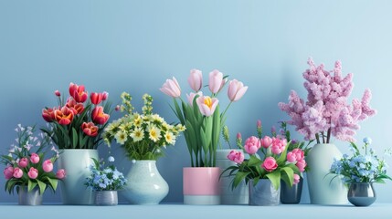 Assorted Flowers in Vases on a Shelf