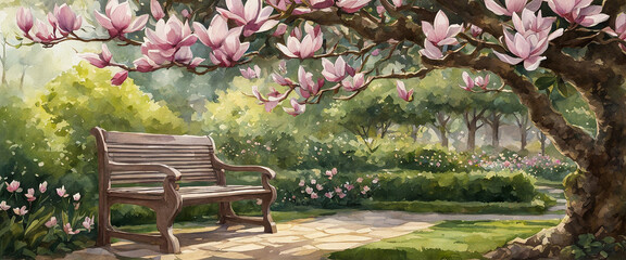 A large magnolia tree and a wooden bench. A park with magnolia flowers in full bloom. Spring park illustration in watercolor style.