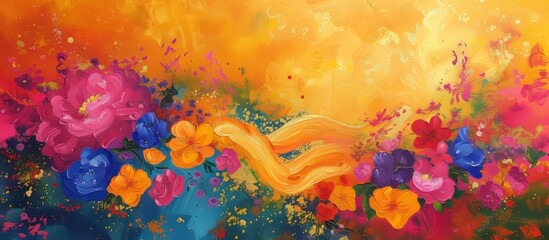 A vibrant painting capturing the beauty of two hands reaching out towards a field of colorful flowers, creating a happy and natural landscape filled with orange petals and green grass - Powered by Adobe