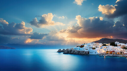Beautiful Greek island with blue domed churches at sunset. Island of love.