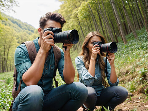 team of two professional photographers with dslr or digital cameras clicking pictures in the nature or outdoors