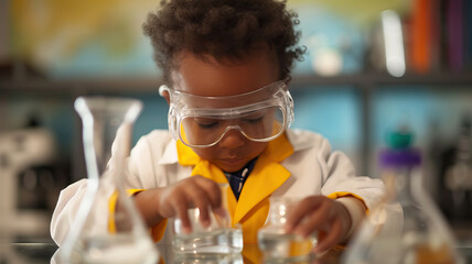 Black Toddler Scientist: A toddler wearing safety goggles and a lab coat, conducting simple experiments with water, baking soda, and vinegar