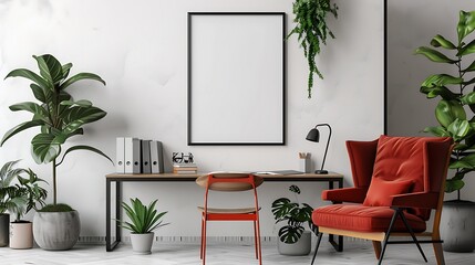 A mockup poster blank frame hanging on a minimalist workstation, above a plush recliner, home office, Scandinavian style interior design