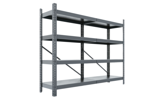 A Metal Shelving Unit With Four Shelves. A photo showcasing a sturdy metal shelving unit with four spacious shelves, perfect for organizing and storing various items.