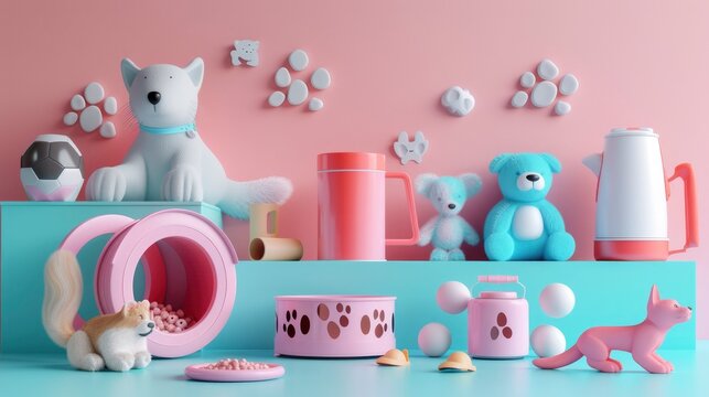 A 3D banner displaying various pet supplies like food, toys, and accessories, symbolizing the range of products available for pets