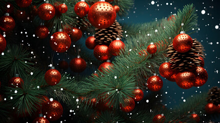 Obraz na płótnie Canvas Merry Xmas Pine Embellished with Balls and Fuzzy Sparkling Luminance
