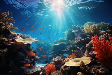 Underwater scene with sunlight, colorful fish, and coral reefs.