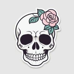 Fototapeta premium Artistic skull illustration with a rose on a light gray background, combining elements of life and death in a modern style.