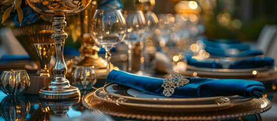 Fototapeta na wymiar Elegant table setting with blue napkin and silverware, stylish dining concept