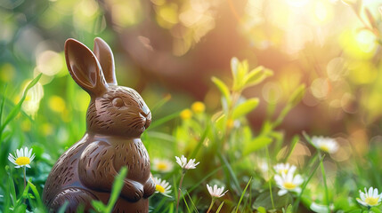 Easter banner with copy space. A chocolate bunny  in vibrant green grass under the bright sunlight of a spring day. Generative AI - obrazy, fototapety, plakaty