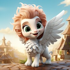 Obraz premium Magic fairy tale character pegasus 3d illustration for children. Magic fairytale pegasus print for clothes, stationery, books, merchandise. Toy Pegasus 3D character banner, background. Generative ai.
