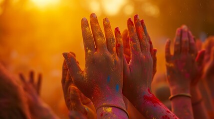 Human's hands raised up in colored powder during Holi festival in India	
