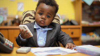 African Toddler CEO: A toddler in a business suit, sitting behind a toy desk with a phone and papers, pretending to make important decisions