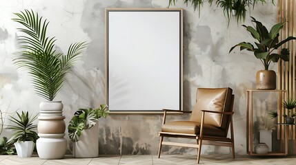 A mockup poster blank frame in a Scandinavian-inspired interior, above a leather armchair, surrounded by stacked ceramic planters, in light and airy pastels