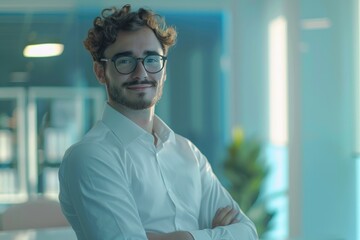 Fototapeta premium portrait of a smiling businessman in the blue room at modern office.