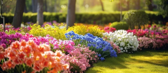 Outdoor kussens This garden boasts a diverse array of flowering plants, shrubs, and groundcover, creating a beautiful natural landscape with a variety of colors such as magenta, making it a work of art © TheWaterMeloonProjec