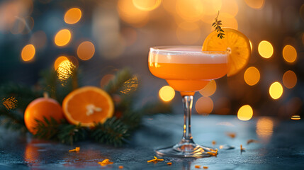 Orange cocktail with foam in a glass with orange element, copy space, generative ai