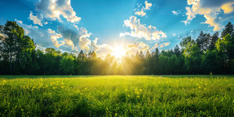 Sunbeams Over Lush Green Meadow.
Lush green field under radiant sunbeams and blue sky