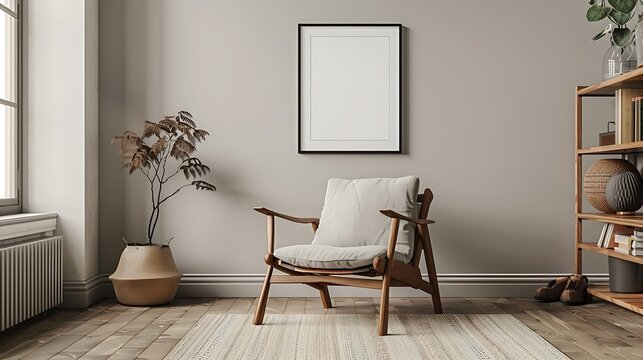 A mockup poster blank frame hanging on a wooden rack, above a plush recliner, game room, Scandinavian style interior design