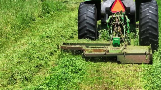 A close up follow shot of the mower attachment behind a tractor mowing a field of lucerne or alfalfa. Shot in the summer season in the Free State province of South Africa