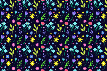 Spring flowers and botanical elements in a seamless pattern. Element for background, print and other designs. Vector illustration