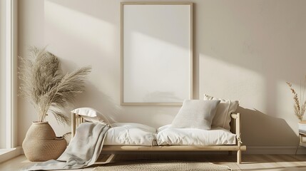 A mockup poster blank frame hanging on a wooden rack, above a luxurious daybed, bedroom, Scandinavian style interior design