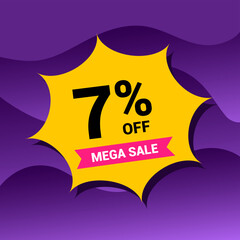 Fototapeta na wymiar 7% sale badge vector illustration on a purple gradient background. Seven percent price tag. Yellow and purple.