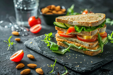 School lunch box with sandwich, vegetables, water, almonds and fruits on black chalkboard. - obrazy, fototapety, plakaty