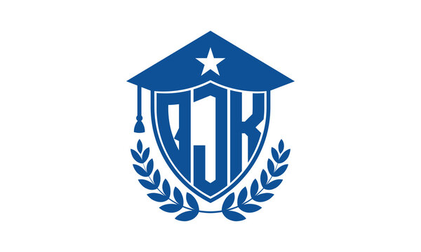 QJK three letter iconic academic logo design vector template. monogram, abstract, school, college, university, graduation cap symbol logo, shield, model, institute, educational, coaching canter, tech