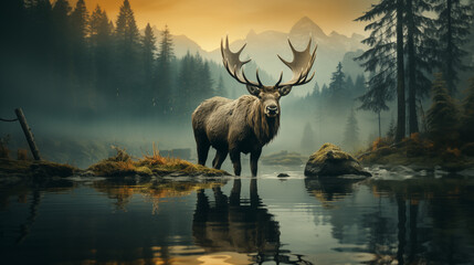 A majestic moose standing by a misty lake in the early morning