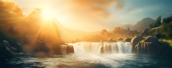 Scenic landscape with majestic waterfall under a bright suns golden rays. Concept Nature Photography, Waterfall Scenery, Sunny Landscape, Majestic Sunlight, Cascading Waters - obrazy, fototapety, plakaty
