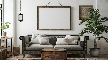 A mockup poster blank frame hanging on a retro chest, above a sleek settee, lounge, Scandinavian style interior design