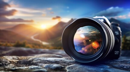 A 3D banner showcasing a camera lens focusing on a beautiful landscape, representing the studioa??s photography services
