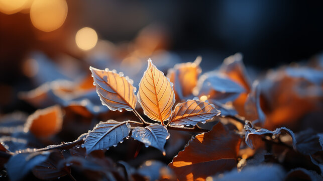 close-up of frost-kissed leaves during early autumn photograph