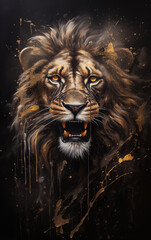 Golden Majesty: Regal Lion Roars on Black Canvas